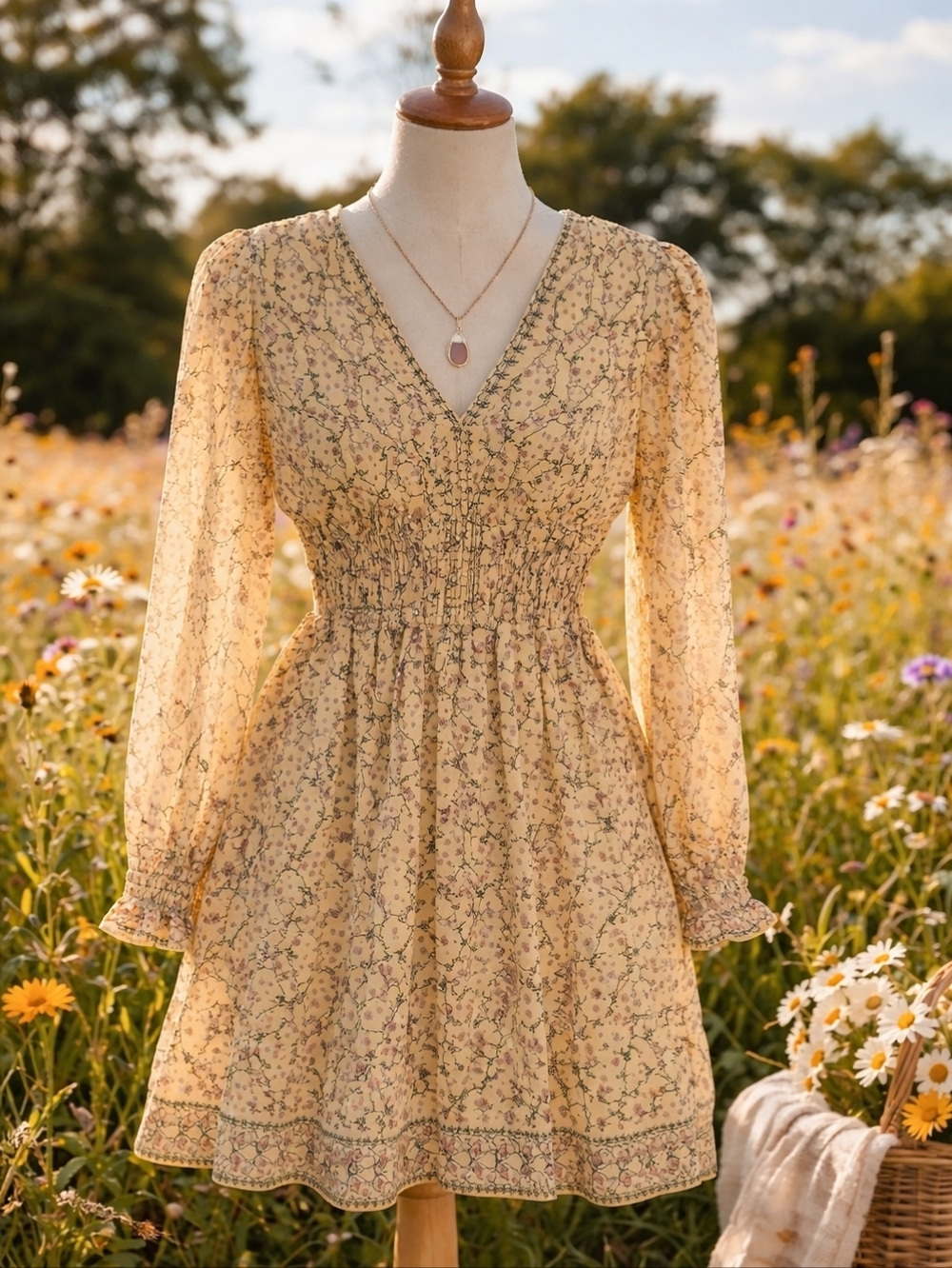Max Studio London Floral Smocked Waist Mini Dress XS Boho Long Sleeve NWT